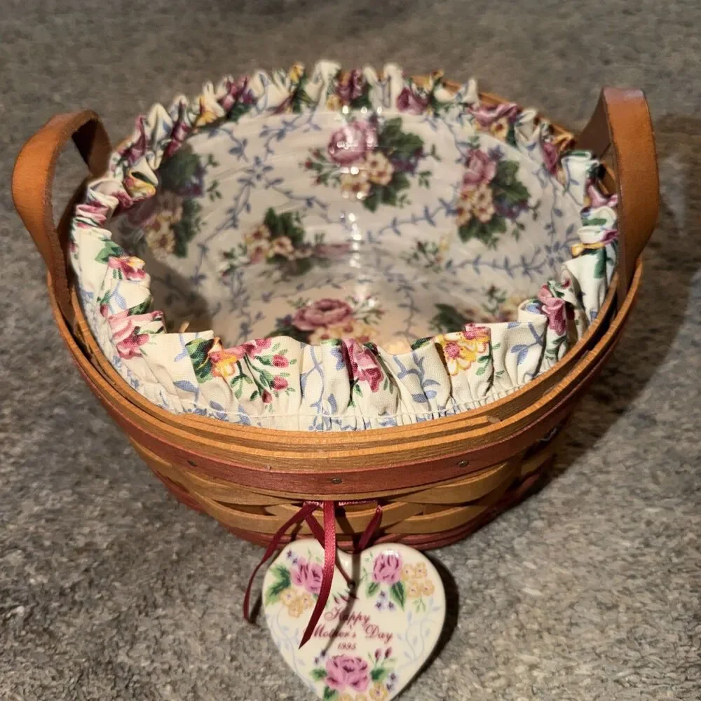Longaberger 1995 Mother's Day Woven Storage Basket with Floral Liner Brown